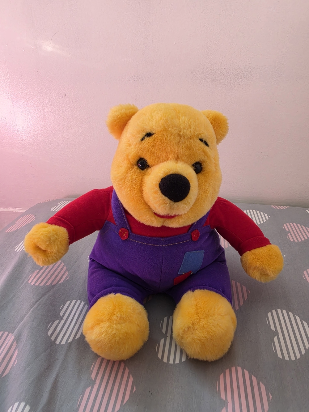 Disney Yellow Plush Bear in Purple Overalls and Red Shirt
